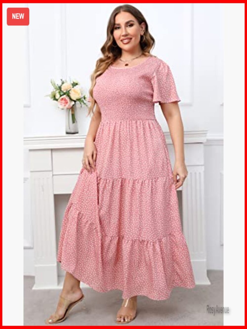 Plus Size Maxi Dress with Pockets Floral Smocked Tiered Layers Flutter Sleeves - Picture 4 of 7